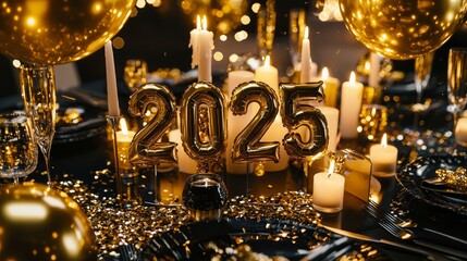 Elegant New Year's Eve 2025 party decor featuring gold balloons, candles, and champagne on a luxury black and gold table setting