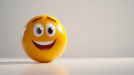 A 3D rendered yellow emoticon with a big smile, wide eyes, and slightly raised eyebrows, on a white background.