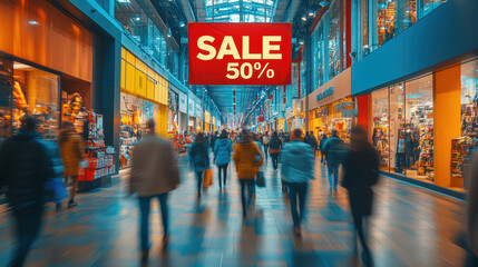 Large red "SALE 50%" banner hanging in busy shopping mall, retail discounts, holiday shopping, consumer behavior, crowded retail space, discounts, commercial architecture, shops, consumerism