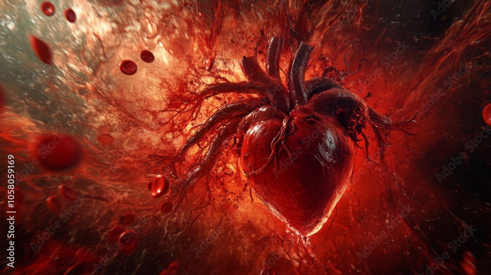 Leinwandbilder the artwork showcases a large, anatomically detailed heart at the center, enveloped by splashes of d