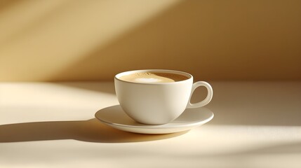 Close-up of hot coffee cup with smooth crema, placed on a solid pastel-colored background, calm and inviting atmosphere