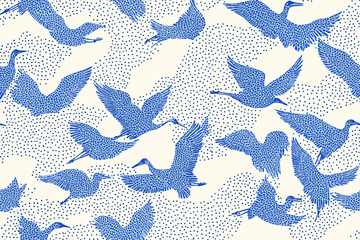 Seamless repetitive pattern of cranes in mid-flight, with traditional Japanese cloud motifs and delicate wave lines