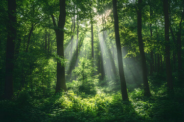Obraz premium Sunlight Streaming Through Lush Forest Canopy