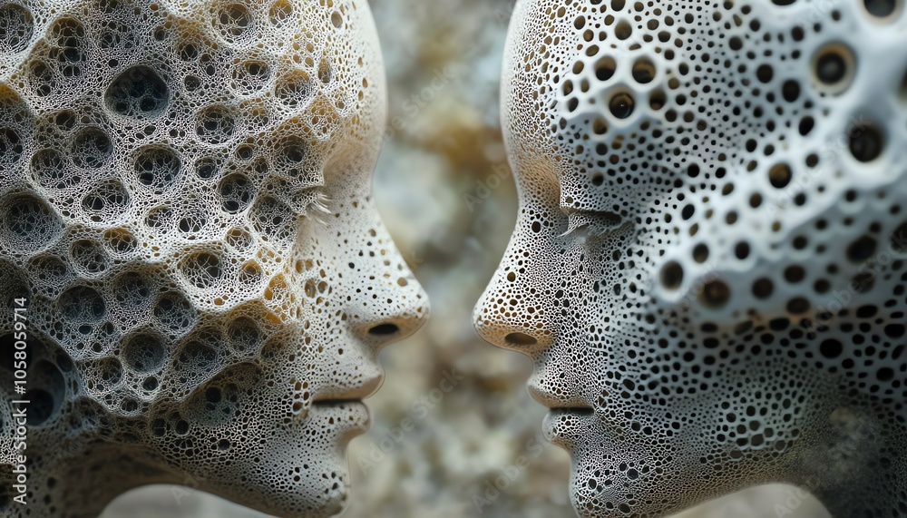 Aufkleber Closeup of two digital heads with intricate patterns, symbolizing the dialogue and connection enabled by generative AI, set against a futuristic background