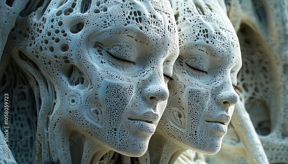 Aufkleber Closeup of two digital heads with intricate patterns, symbolizing the dialogue and connection enabled by generative AI, set against a futuristic background