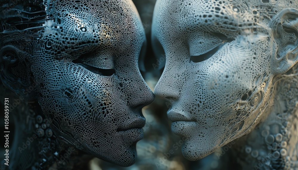 Aufkleber Closeup of two digital heads with intricate patterns, symbolizing the dialogue and connection enabled by generative AI, set against a futuristic background