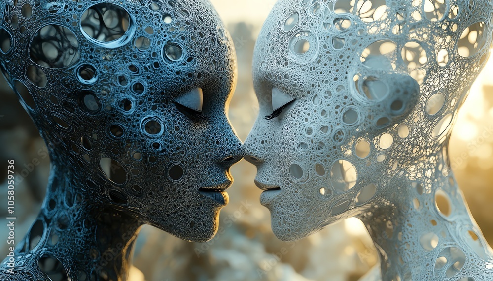 Aufkleber Closeup of two digital heads with intricate patterns, symbolizing the dialogue and connection enabled by generative AI, set against a futuristic background