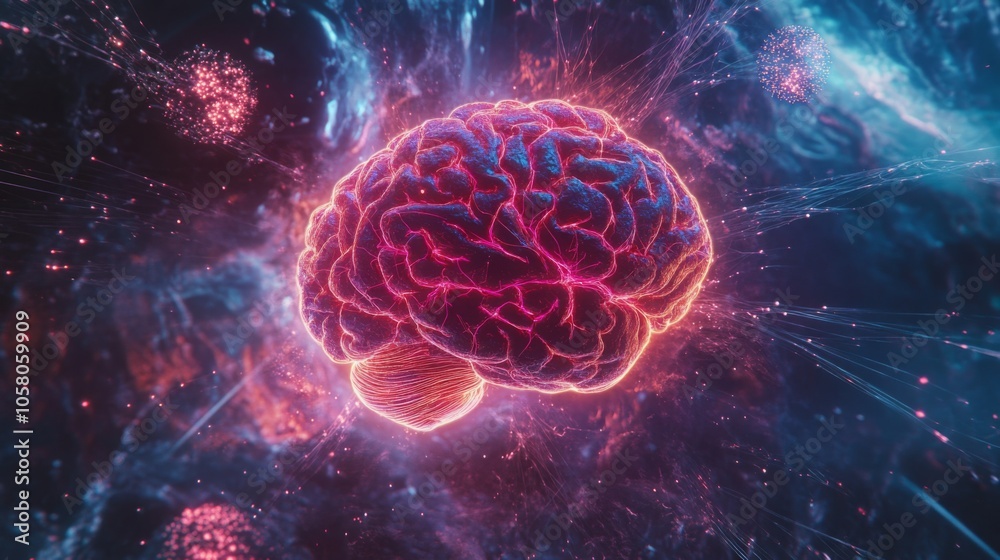 Fototapete a vibrant artistic depiction of a human brain, surrounded by glowing neural connections and cosmic e