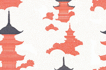 Seamless repetitive pattern of Japanese pagodas and traditional lanterns surrounded by floral elements 