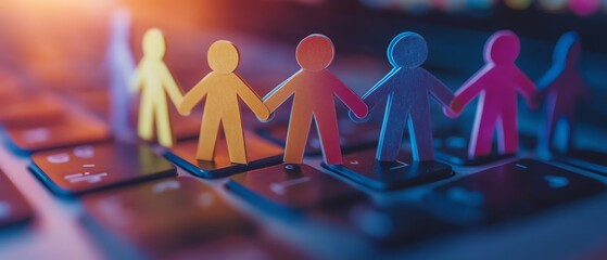 Digital circle of paper people figures holding hands on a laptop keyboard, representing virtual support, community connection, and social bonds in an online environment