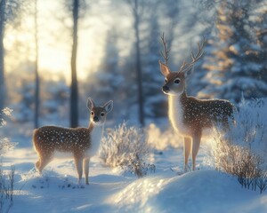 Obraz premium Admiring winter wildlife with glowing AR species tracking, serene snowy landscape, soft natural lighting, photorealistic