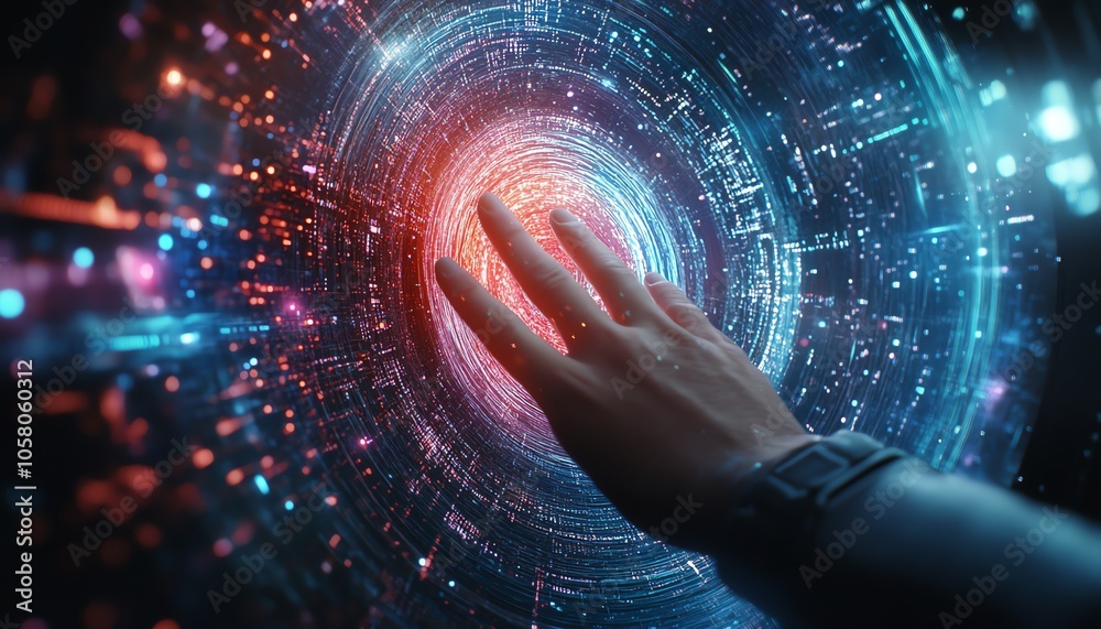 Poster futuristic hand touching the metaverse, immersed in a swirl of digital lights and holograms, symboli