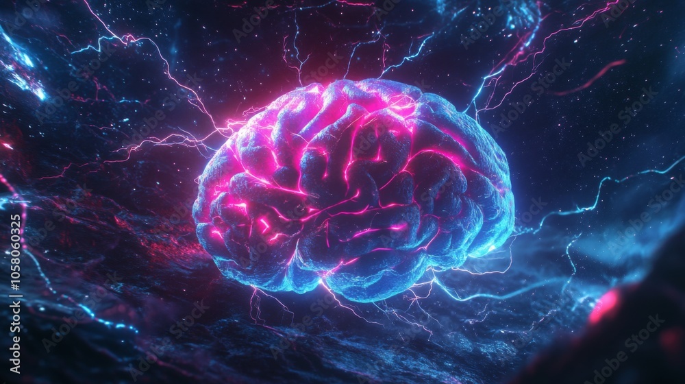 Poster A 3D rendering of a brain illuminated by bright pink and blue electric pulses. The brain appears to be floating in a dark, starry space with some faint light reflecting off the surface.