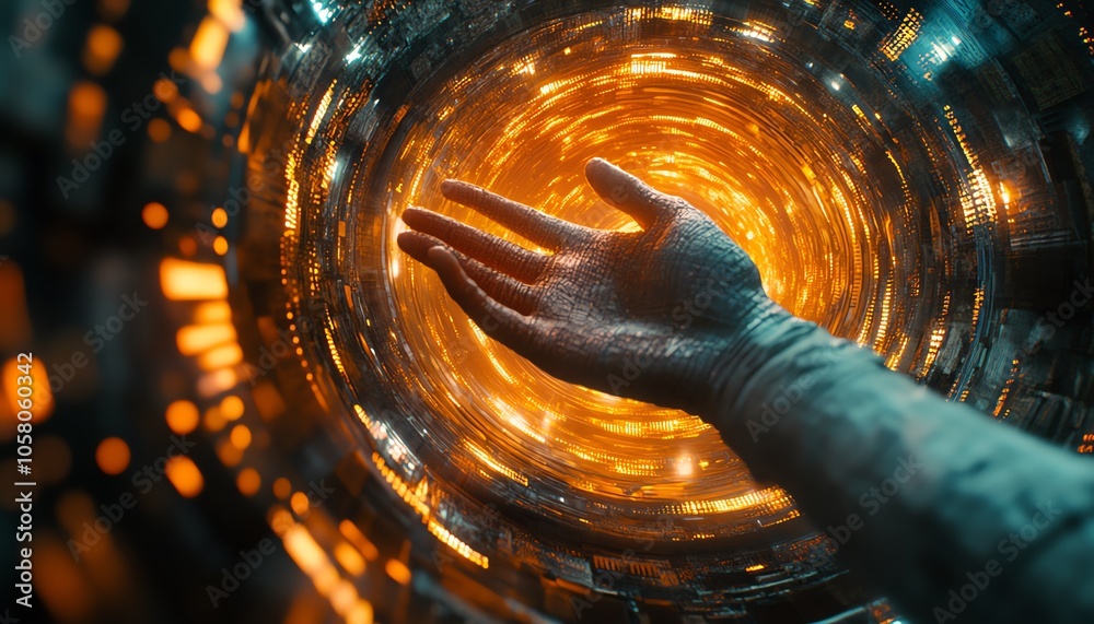Poster futuristic hand touching the metaverse, immersed in a swirl of digital lights and holograms, symboli