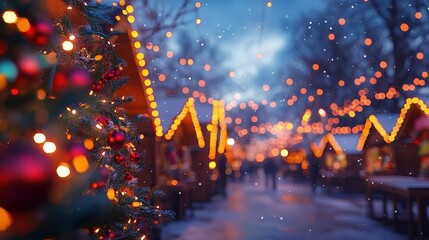 Attending a holiday market with glowing AR product guides and descriptions, vibrant outdoor market, dynamic lighting, photorealistic