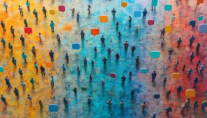 Graphic depicting a community of people engaging in conversation, surrounded by colorful speech bubbles, showcasing the power of communication created with generative AI