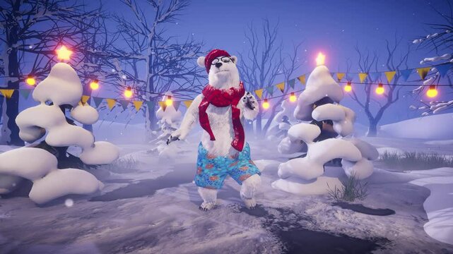Christmas party: funny polar bear in red hat and scarf dancing on winter festive background. Animated video for greeting cards, holiday events, new year parties