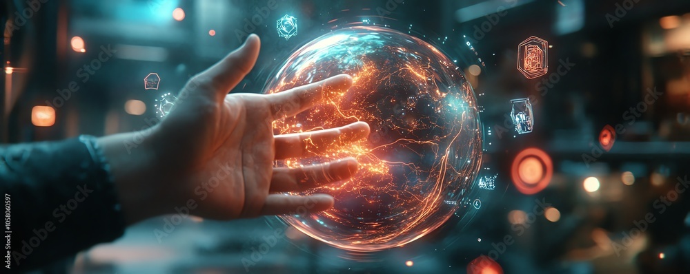 Fototapete hand interacting with a holographic metaverse globe, surrounded by floating icons and digital effect