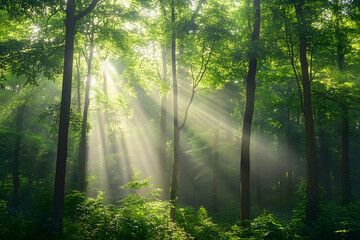 Naklejka premium Sunlight Streaming Through Lush Forest Canopy