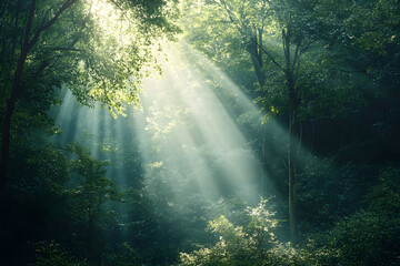 Sunlight Streaming Through Lush Forest Canopy