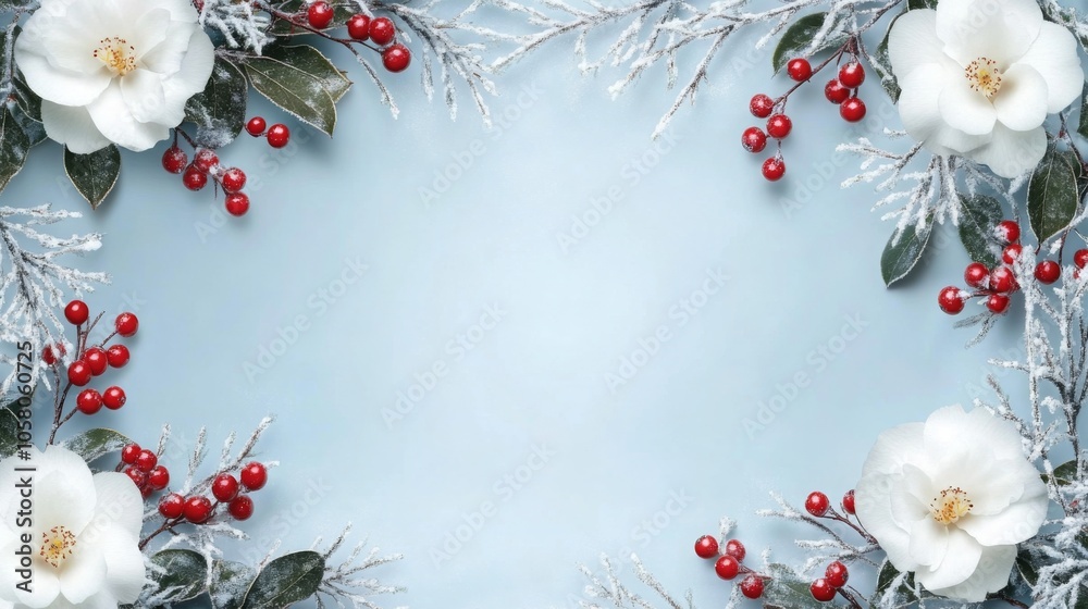 Poster white flowers, red berries, and branches covered in a light dusting of snow create a frame around a 