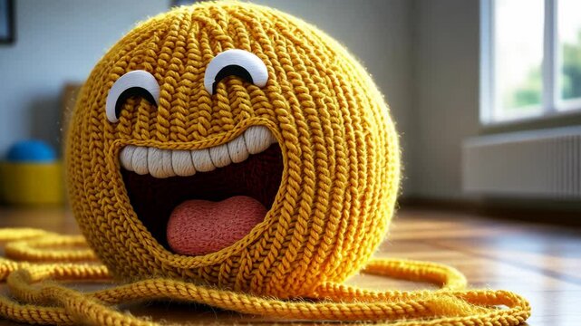 A knitted yellow smiley face with a wide grin is laying on a wooden floor in front of a window