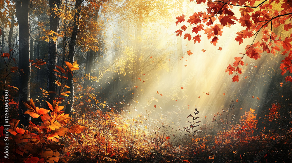 Aufkleber Sunlight streams through the leaves of a dense forest, creating a magical atmosphere