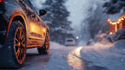 Brushing off snow from car with glowing AR snow removal tools, cozy outdoor driveway setting, soft natural lighting, photorealistic