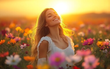Naklejka premium Joyful woman in a picturesque field of flowers during sunset, symbolizing a healthy lifestyle and harmony with nature, perfect for allergy awareness and education