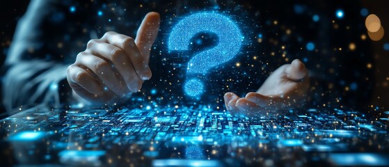 Person interacting with a virtual assistant on a smartphone, asking questions like What Where When How Why to find answers online, surrounded by digital elements