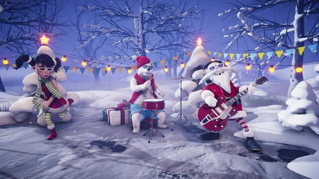 Christmas Party: funny Santa Claus with rock guitar and white polar bear on drums playing music on winter holiday background.
Animated video for greeting cards, festive events, New Year's parties