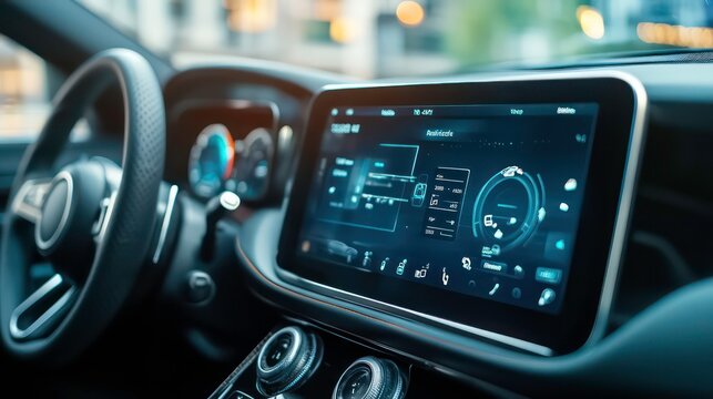 Modern car interior with a large digital touchscreen display.