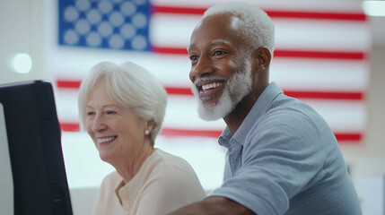Election Volunteer Assisting Senior Citizen at Voting Machine