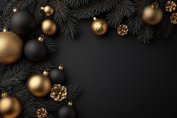 Black and gold ornaments and pine branches are arranged artistically against a dark background, creating a festive holiday atmosphere.