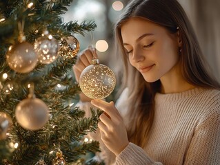 Naklejka premium Decorating a Christmas tree with glowing AR ornament placement guides, cozy indoor holiday setting, soft warm lighting, photorealistic