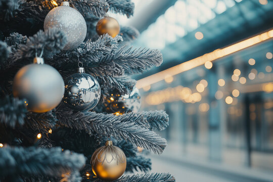A beatifully decorated Christmas tree with golden and silver ornaments in a train station.