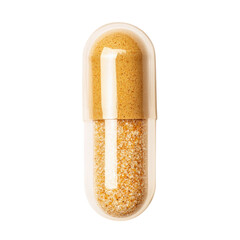 Yellow supplement capsule, white isolated background