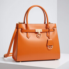 A sumptuous, high-fashion photograph featuring a luxurious, modern handbag as the centerpiece, crafted in a bold, vibrant orange hue that exudes elegance, sophistication, and refinement.