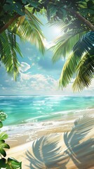 Obraz premium Sunny tropical beach with palm fronds framing turquoise ocean and sandy shore, bright sky with white clouds