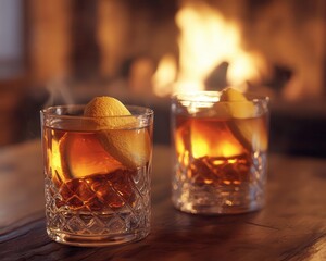 Drinking hot toddy by the fire with glowing AR recipe and temperature guides, cozy indoor fireplace setting, soft warm lighting, photorealistic