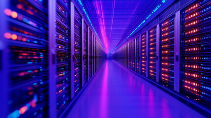 Server Rack in Data Center with Active Processing Lights