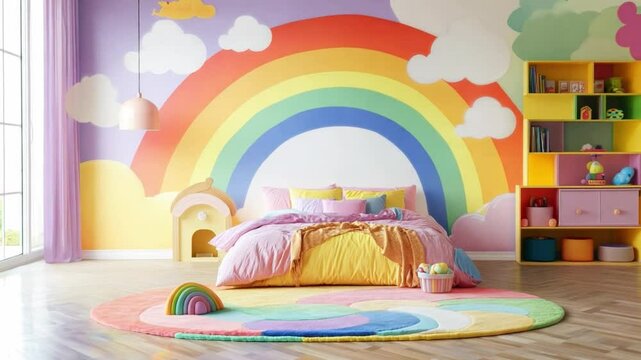 Colorful children bedroom with rainbow mural and soft furnishings in a bright, cheerful setting