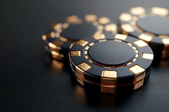 Luxurious casino poker chips with gold accents on black surface, symbolizing wealth and high-stakes gaming allure.