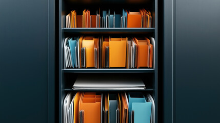 Organized file cabinet with orange and blue folders on multiple shelves in office setting for document storage
