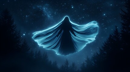 Ominous female ghost, black hair flowing as she drifts through a dark, eerie forest, her silhouette framed by moonlight filtering through the trees