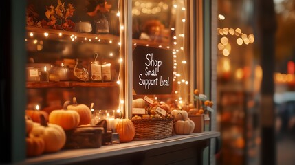 Charming Local Shop Window Display with Pumpkins, Autumn Decorations, and Shop Small Sign Image