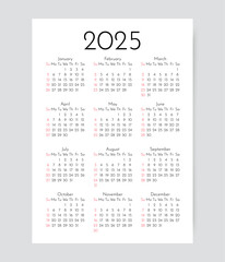 2025 calendar. Calender for year. Pocket or wall template. Yearly organizer with 12 month. Week starts Sunday. Scheduler layout in simple design. Vector illustration. Portrait vertical orientation A4