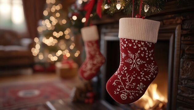 Hanging stockings with glowing AR customization guides, cozy fireplace setting, soft warm lighting, photorealistic