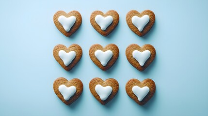 Obraz premium Gingerbread cookies shaped like hearts with white icing, arranged neatly on a pale blue pastel background, soft focus, modern minimalism, digital art style