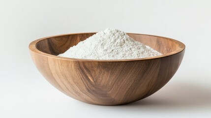 Round wooden bowl with a heap of flour, perfect for traditional baking, isolated on white background